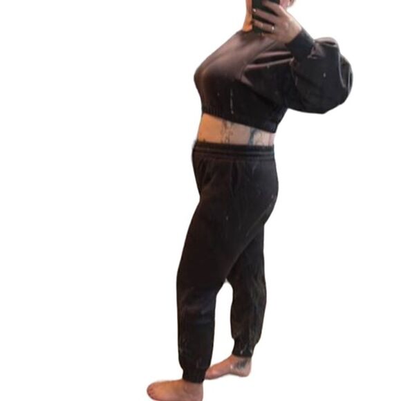 54. Zenana Dark Grey Cropped Sweatshirt & Highwaist Joggers with drawstring NWT - Picture 3 of 4